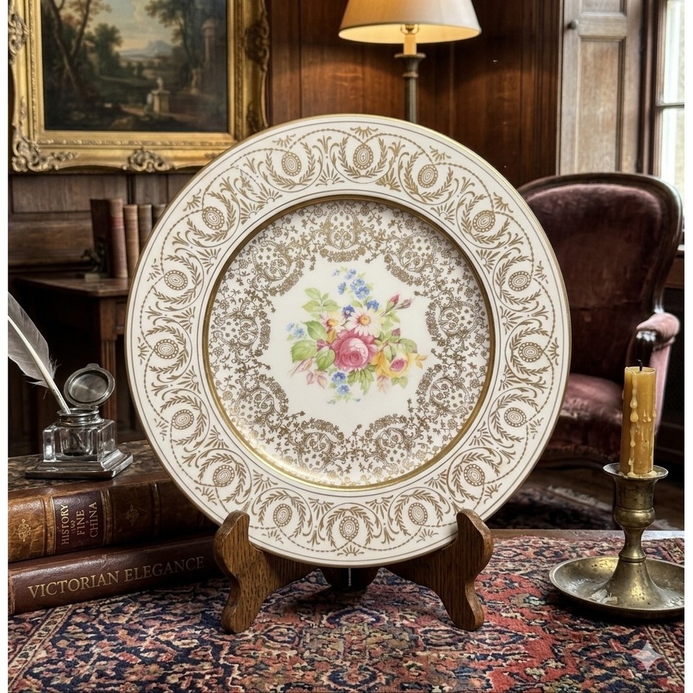 Bern Tan Fine China Floral Cabinet Plate Gold Filigree Victorian Style Decor
